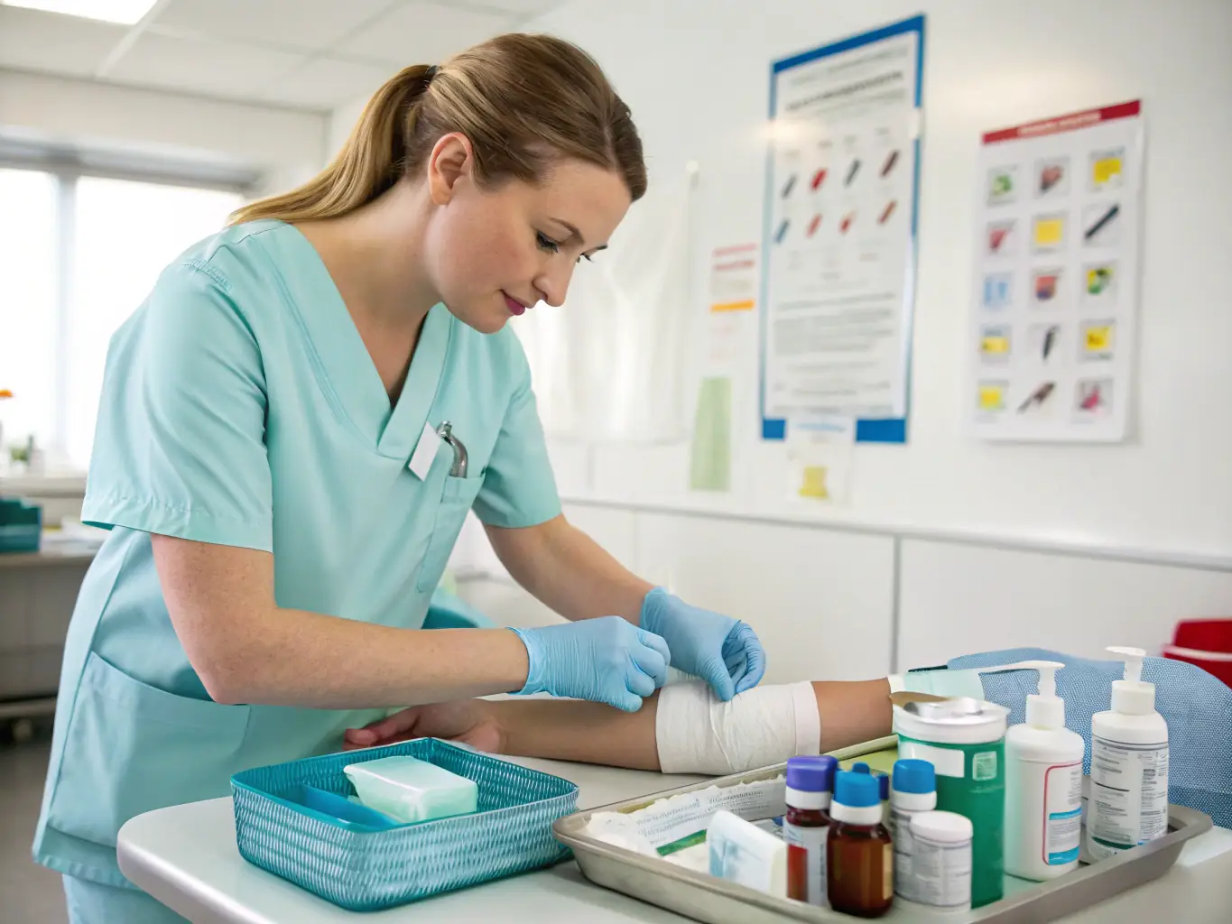 A close-up shot of a nurse demonstrating proper wound dressing techniques during a training session.